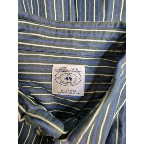 Brooks Brothers Mens Blue White Striped Button-Down Sport Shirt Large All Cotton - Picture 3 of 8